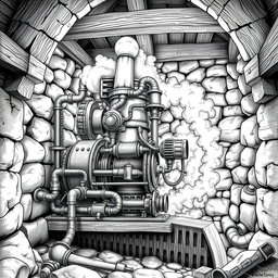 A detailed black and white drawing of a dwarven machine operating within a sturdy stone building, utilizing a steam engine to pump high-pressure water from the soil