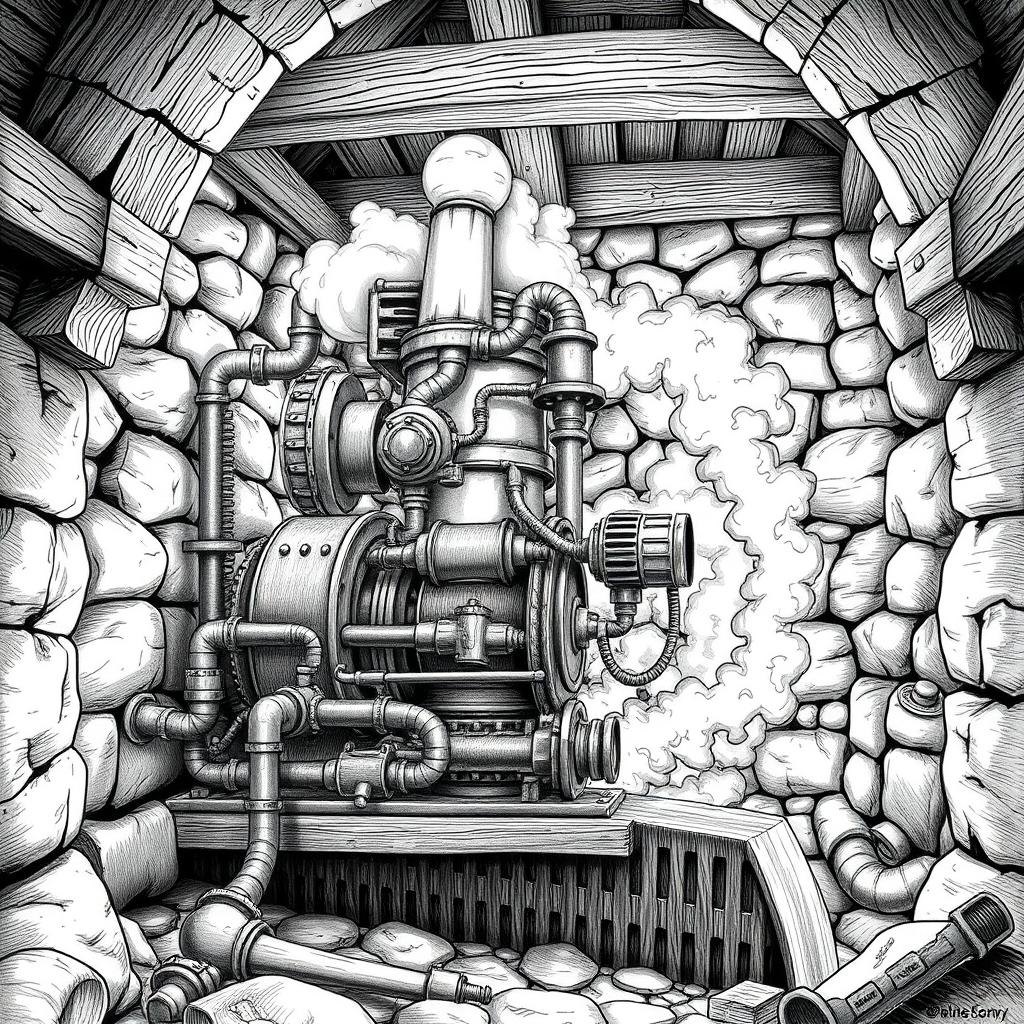 A detailed black and white drawing of a dwarven machine operating within a sturdy stone building, utilizing a steam engine to pump high-pressure water from the soil