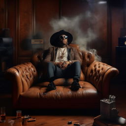 A vinyl album cover of Atlanta trap music, perched on an aged leather sofa, surrounded by unlit cigars and wisps of smoke.