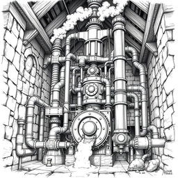 A detailed black and white drawing of a massive dwarven machine powered by a steam engine, designed to pump high-pressure water from the soil