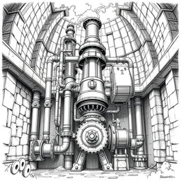 A detailed black and white drawing of a massive dwarven machine powered by a steam engine, designed to pump high-pressure water from the soil