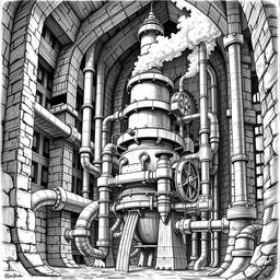 A detailed black and white drawing of a massive dwarven machine powered by a steam engine, designed to pump high-pressure water from the soil