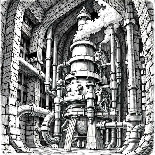 A detailed black and white drawing of a massive dwarven machine powered by a steam engine, designed to pump high-pressure water from the soil