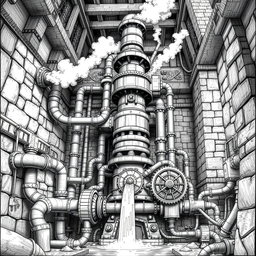 A detailed black and white drawing of a massive dwarven machine powered by a steam engine, designed to pump high-pressure water from the soil