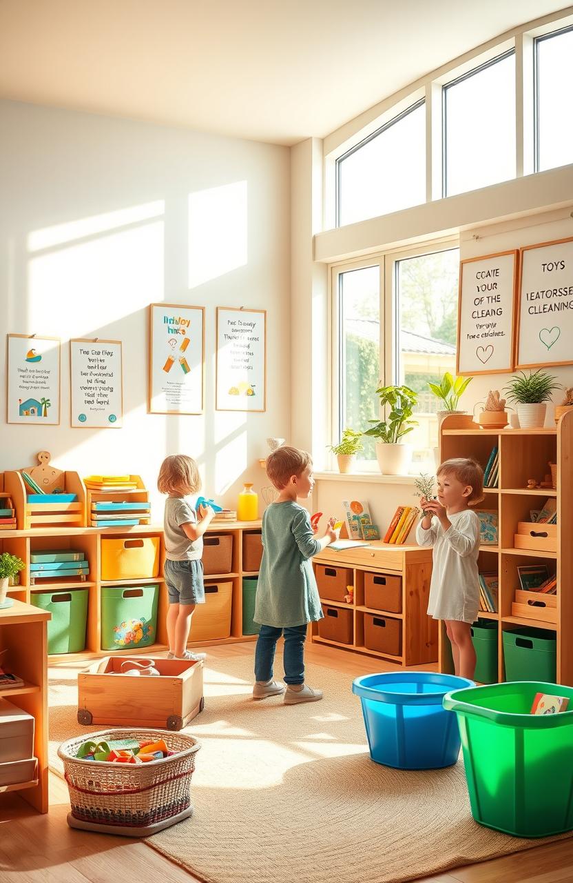 A cozy and vibrant interior scene depicting a Montessori-inspired playroom where children are engaging in playful cleaning
