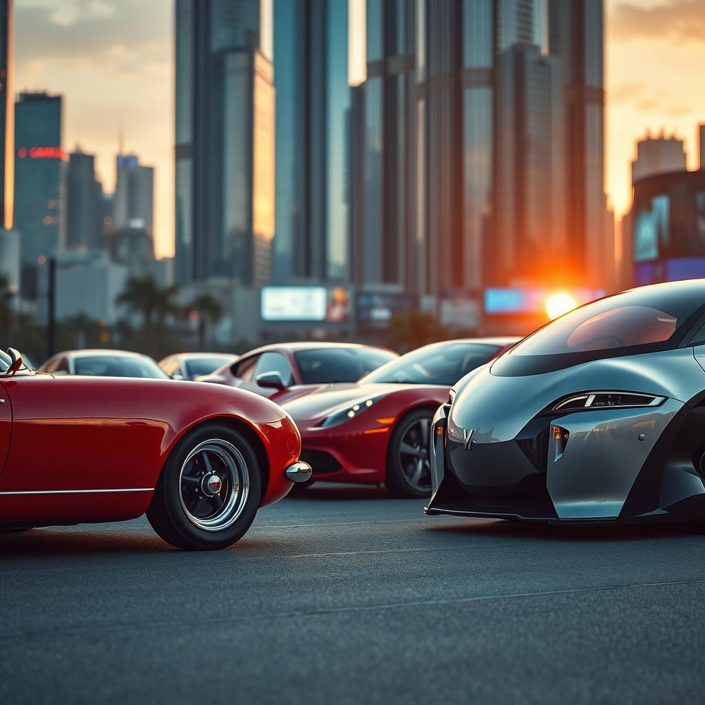 A stunning array of classic and modern cars in a vibrant city setting