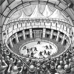 A dramatic black and white drawing of a massive dwarven circular arena carved from solid stone, designed for combat between dwarfs and humans