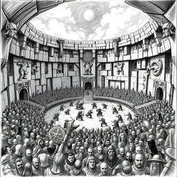 A dramatic black and white drawing of a massive dwarven circular arena carved from solid stone, designed for combat between dwarfs and humans
