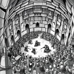 A dramatic black and white drawing of a massive dwarven circular arena carved from solid stone, designed for combat between dwarfs and humans