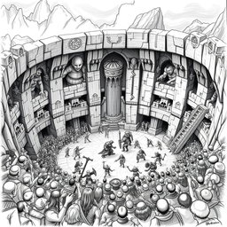 A dramatic black and white drawing of a massive dwarven circular arena carved from solid stone, designed for combat between dwarfs and humans