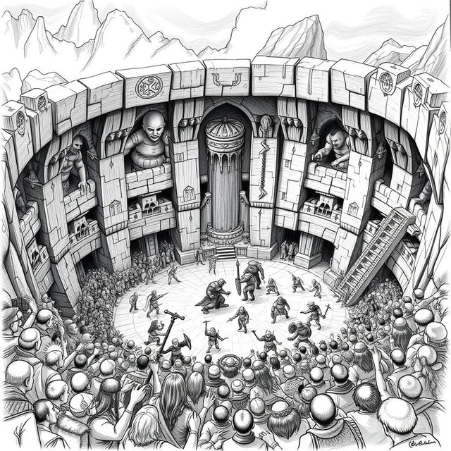 A dramatic black and white drawing of a massive dwarven circular arena carved from solid stone, designed for combat between dwarfs and humans