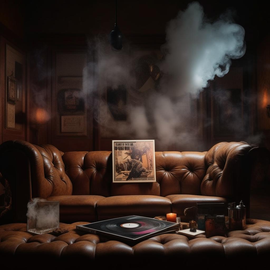 A vinyl album cover of Atlanta trap music, perched on an aged leather sofa, surrounded by unlit cigars and wisps of smoke.