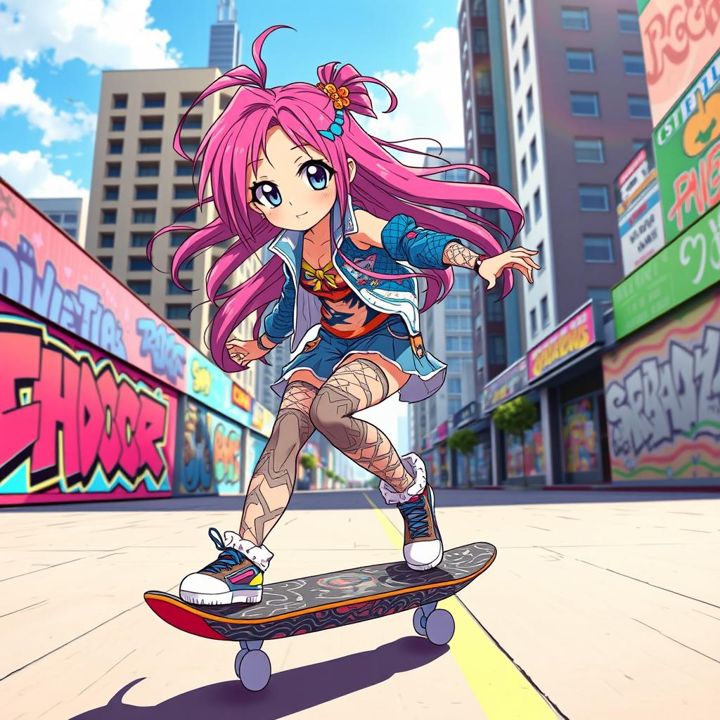 An anime girl skateboarding through a vibrant cityscape, wearing a stylish and colorful outfit that reflects her energetic personality