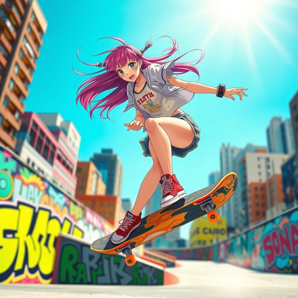 An anime girl skateboarder performing tricks in a lively urban setting, showcasing her vibrant personality