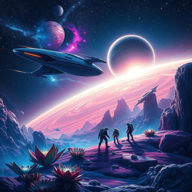 A stunning digital artwork for a sci-fi book cover depicting a space exploration scene