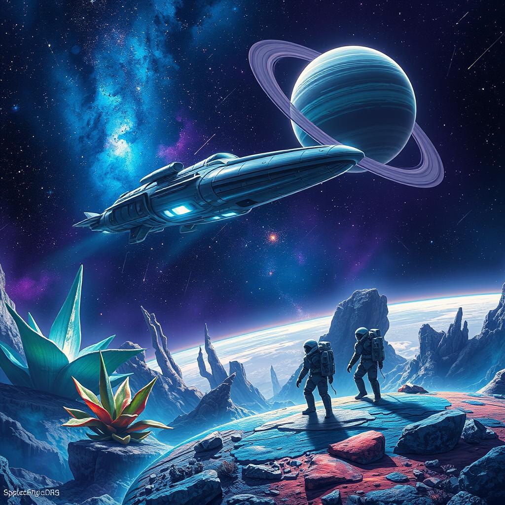 A stunning digital artwork for a sci-fi book cover depicting a space exploration scene