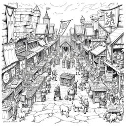 A richly detailed black and white drawing of a very large dwarven marketplace bustling with activity