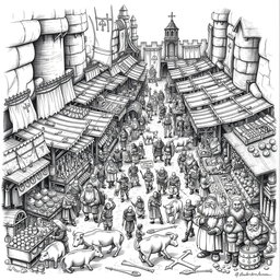 A richly detailed black and white drawing of a very large dwarven marketplace bustling with activity