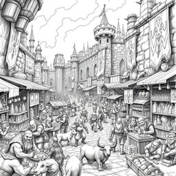 A richly detailed black and white drawing of a very large dwarven marketplace bustling with activity
