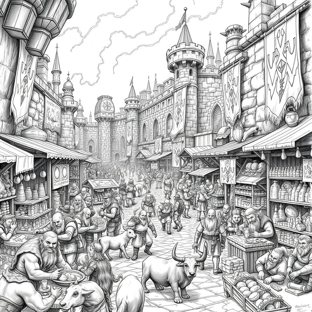 A richly detailed black and white drawing of a very large dwarven marketplace bustling with activity