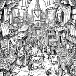 A richly detailed black and white drawing of a very large dwarven marketplace bustling with activity