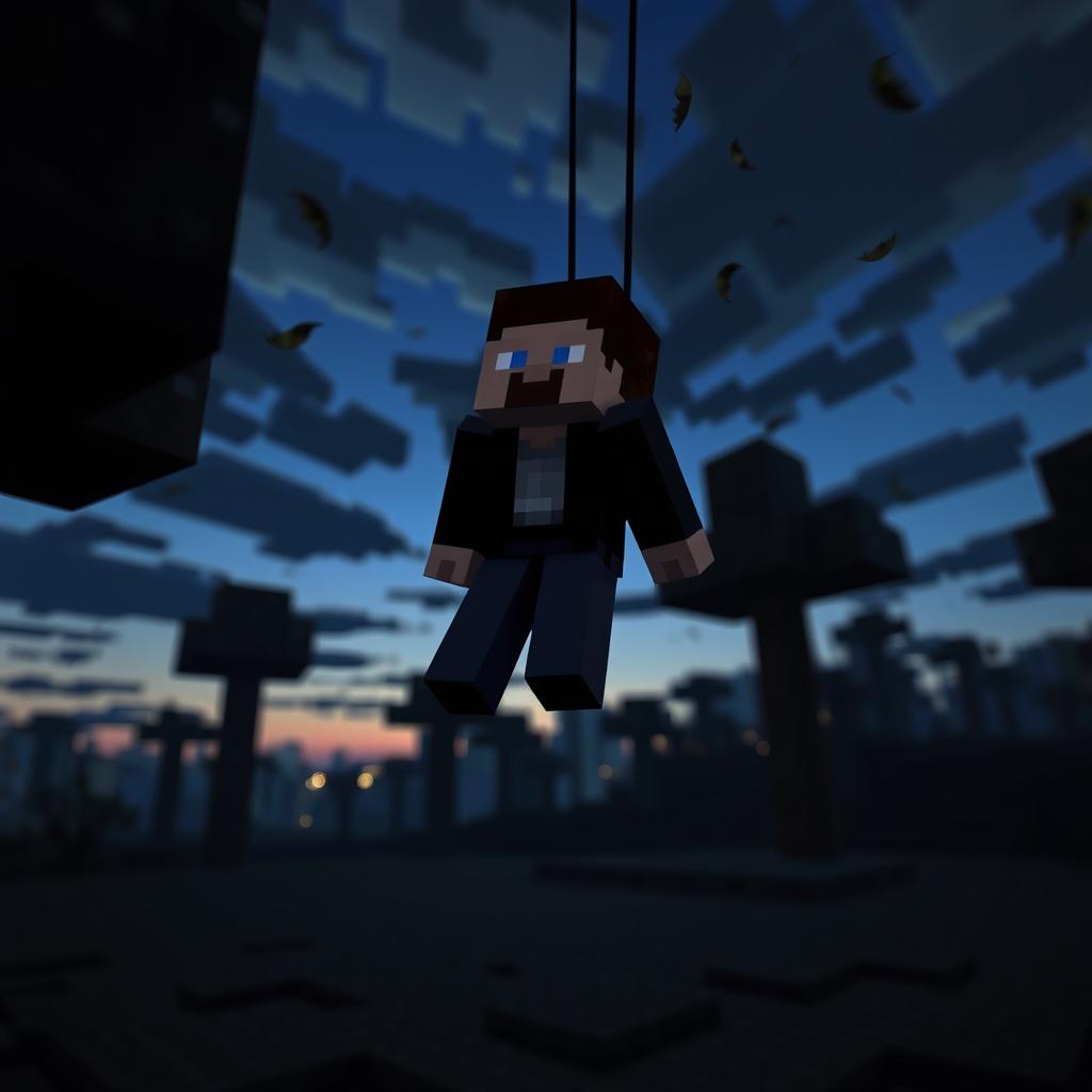 A surreal and dramatic scene set in a Minecraft-style world, featuring a pixelated character reminiscent of Steve in the game