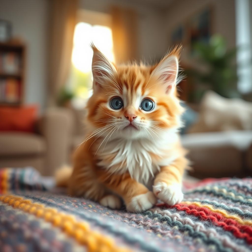 A cute fluffy cat with big bright eyes, sitting playfully on a colorful knitted blanket