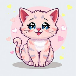 A cute pixel art cat with big sparkling eyes, sitting playfully with its tail curled around its body