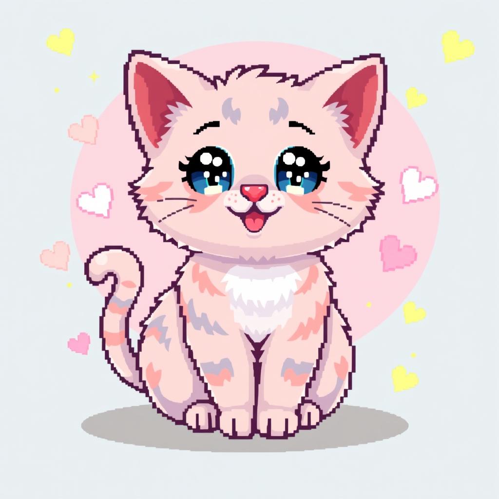 A cute pixel art cat with big sparkling eyes, sitting playfully with its tail curled around its body