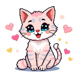 A cute pixel art cat with big sparkling eyes, sitting playfully with its tail curled around its body