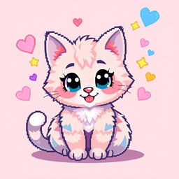 A cute pixel art cat with big sparkling eyes, sitting playfully with its tail curled around its body