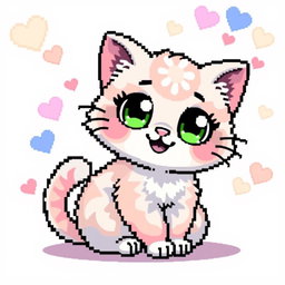 A cute pixel art cat with big sparkling eyes, sitting playfully with its tail curled around its body