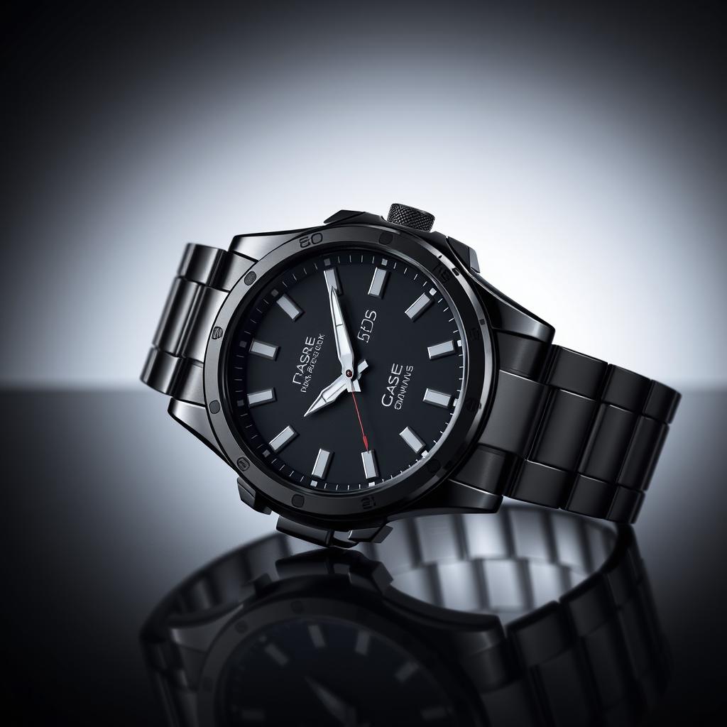 A high-resolution image of a black Casio EFR-S108D-2B watch, highlighting its sleek and modern design, featuring a round stainless steel case, black dial with silver-tone hands, and luminous markers