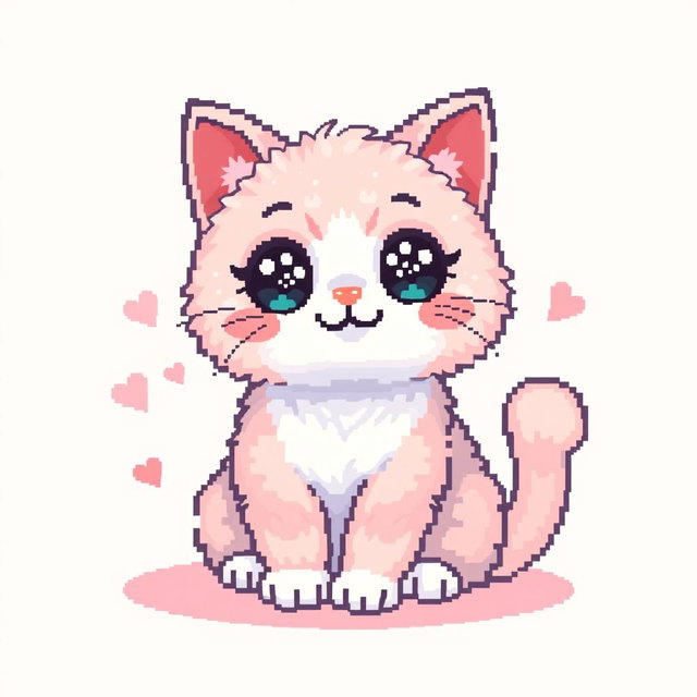 A cute pixel art cat featuring oversized sparkling eyes and a charming smile