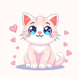 A cute pixel art cat featuring oversized sparkling eyes and a charming smile