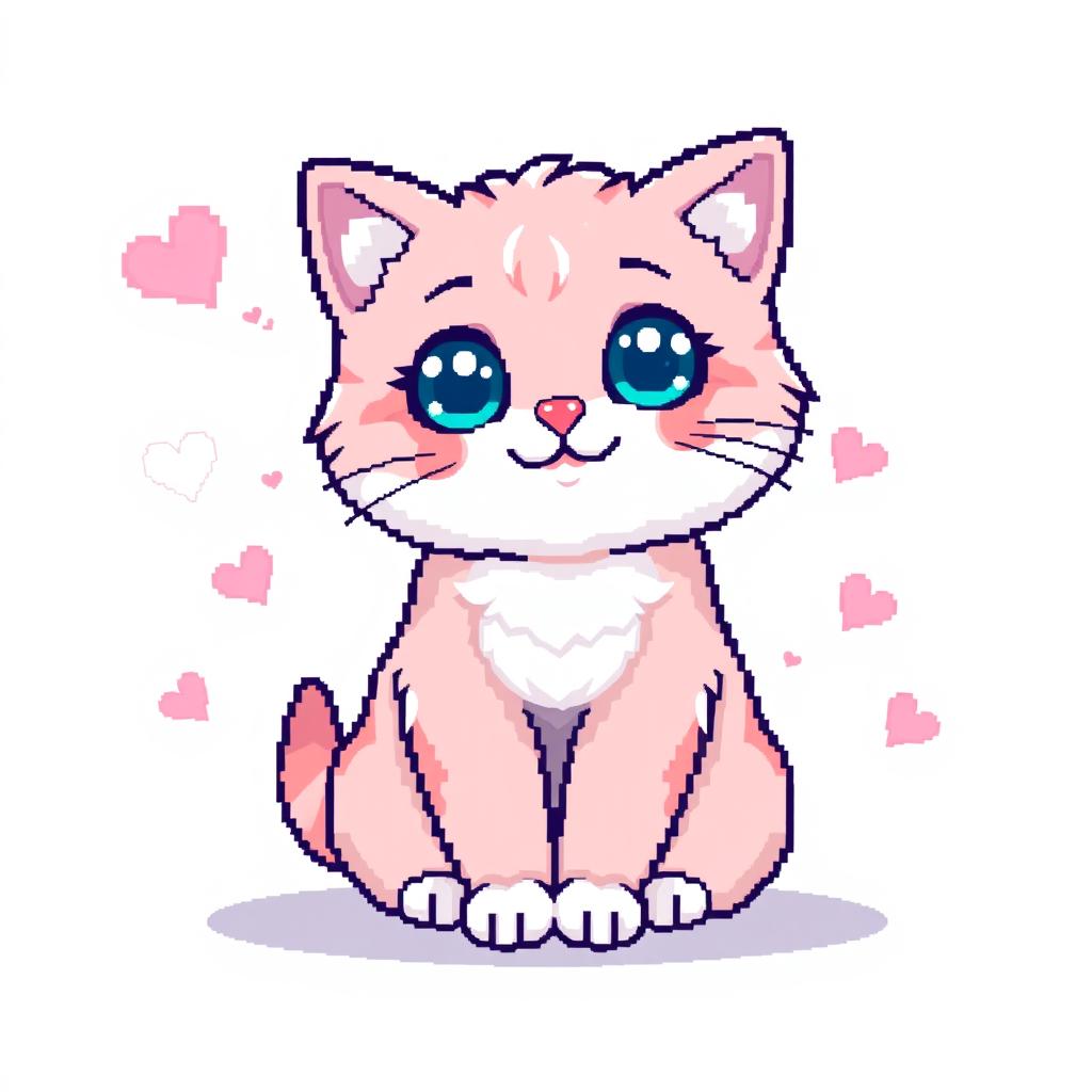 A cute pixel art cat featuring oversized sparkling eyes and a charming smile