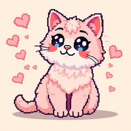 A cute pixel art cat featuring oversized sparkling eyes and a charming smile