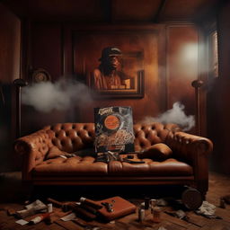 A vinyl album cover of Atlanta trap music, perched on an aged leather sofa, surrounded by unlit cigars and wisps of smoke.