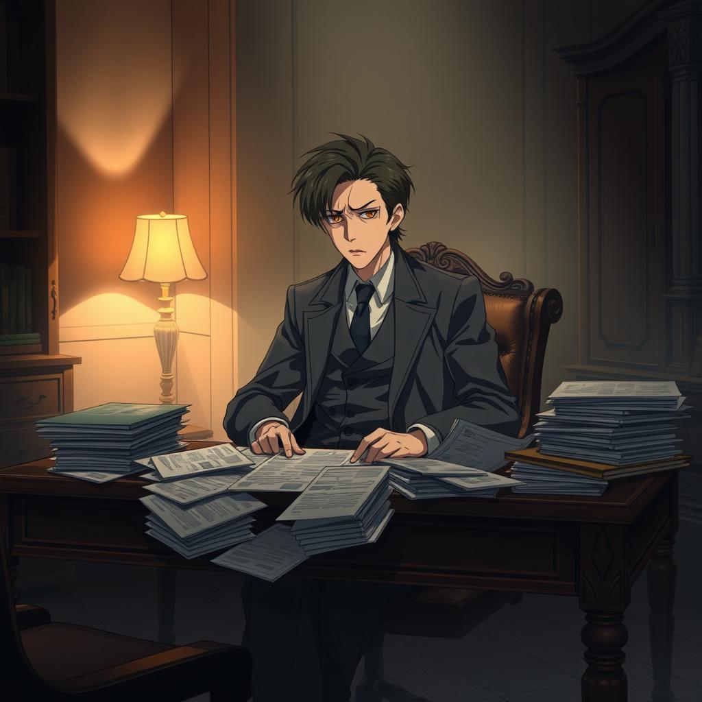Osamu Dazai sitting on a vintage wooden chair behind an ornate desk, looking frustrated as he browses through scattered mafia files and documents