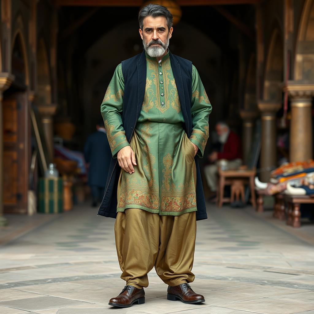 An elegant gentleman depicted in a traditional bazaar in Safavid style
