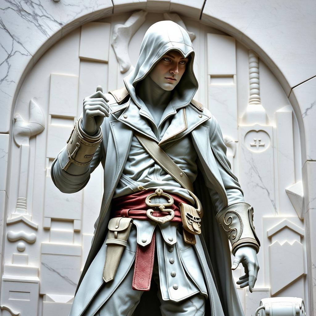 A stunning marble statue of Arno Dorian, the protagonist from Assassin's Creed Unity, captured in a dynamic pose that reflects his agility and stealth