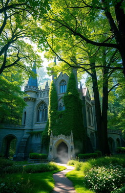 A majestic castle nestled deep within a lush, verdant forest