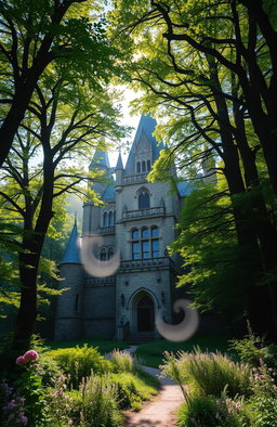 A majestic castle nestled deep within a lush, verdant forest
