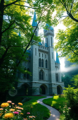 A majestic castle nestled deep within a lush, verdant forest
