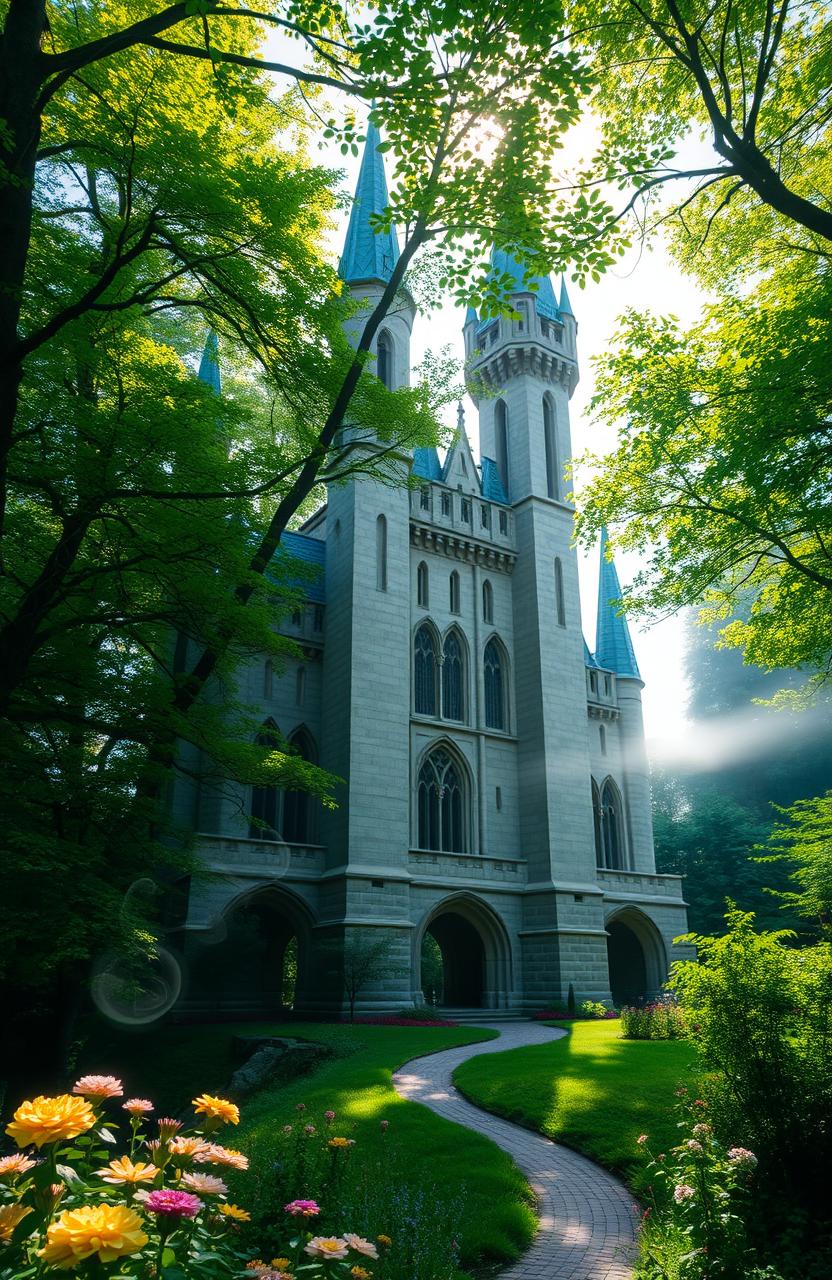 A majestic castle nestled deep within a lush, verdant forest