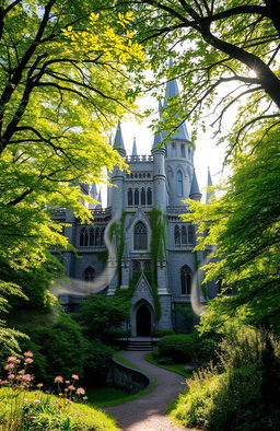 A majestic castle nestled deep within a lush, verdant forest