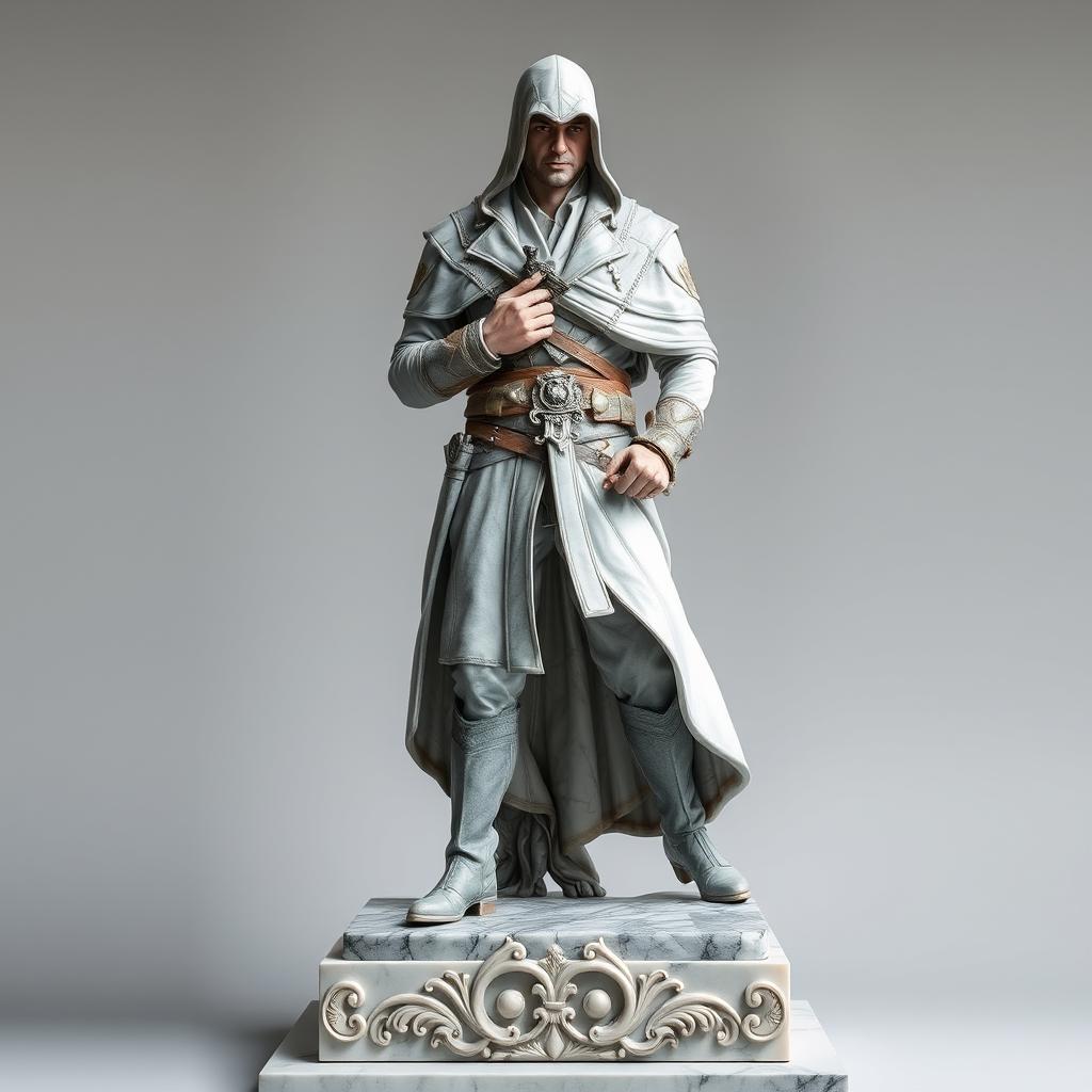 A full marble statue of Arno Dorian, the charismatic protagonist from Assassin's Creed Unity, intricately carved to show him in a poised, heroic stance