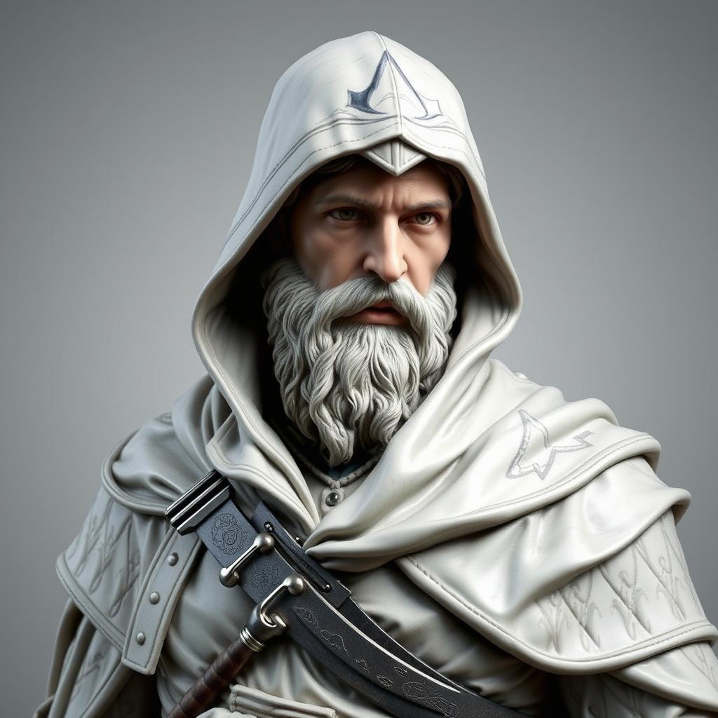 A full marble statue of Arno Dorian, the protagonist from Assassin's Creed Unity, depicted with a distinct, well-groomed beard, adding a mature and rugged element to his character