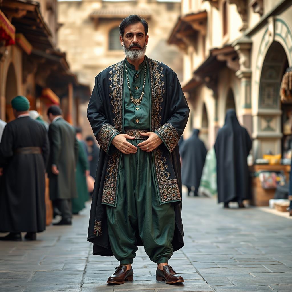 A traditional Persian gentleman in a Safavid-style bazaar, wearing a long, wide silk shirt in dark green, complemented by a fine fabric ceremonial cloak with long sleeves, featuring intricate arabesque motifs and delicate designs