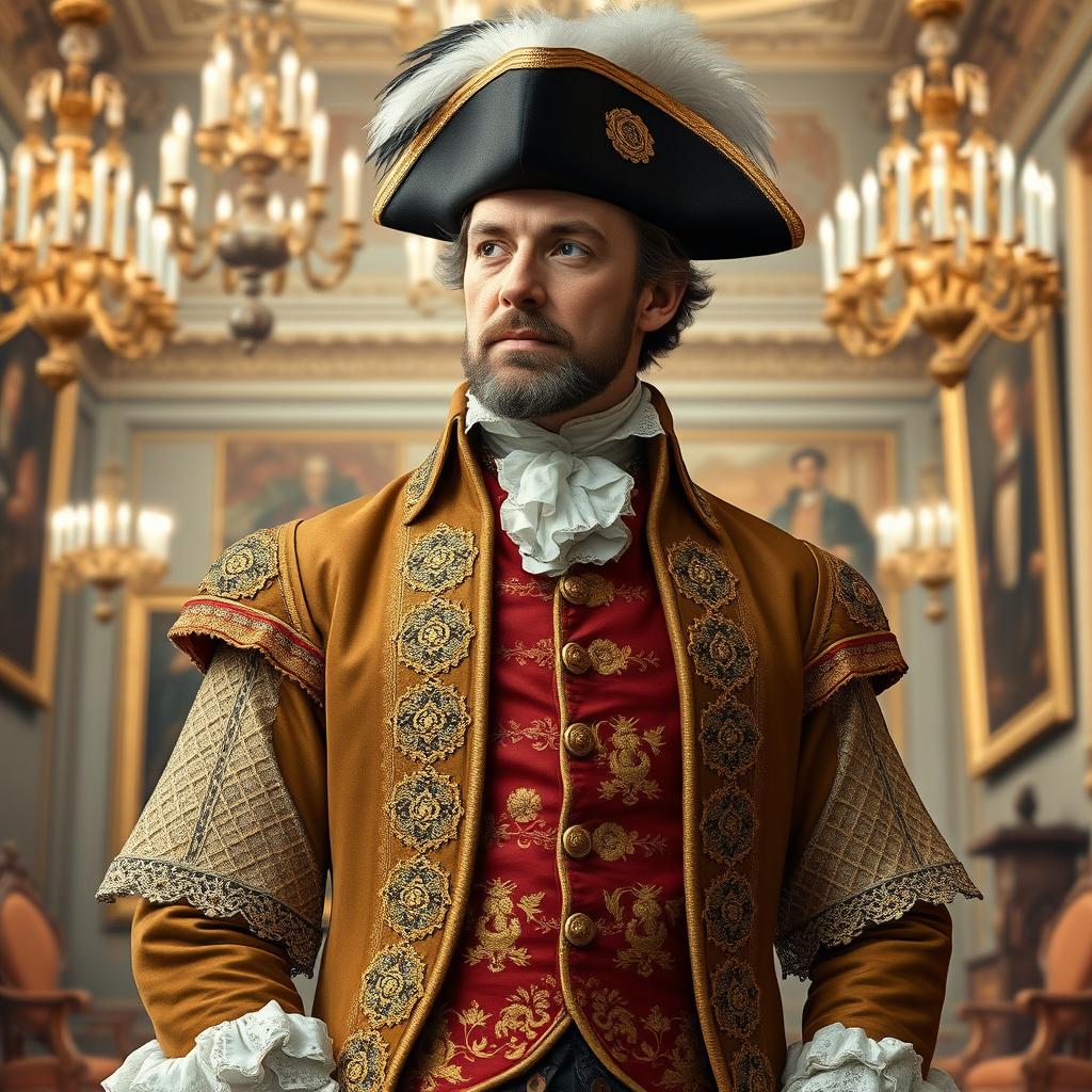 A regal figure representing a mixed lineage of Q1b, R1a, J1a, and R1b DNA haplogroups, dressed in opulent 18th-century Georgian attire